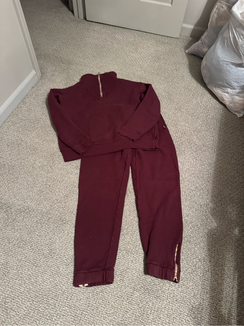 Monrow Maroon Zip-Trim Sweatshirt & Jogger Set